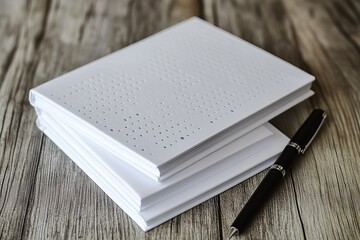 Fototapeta premium Book with Braille text on wooden table, top view. Education and leisure for blind people