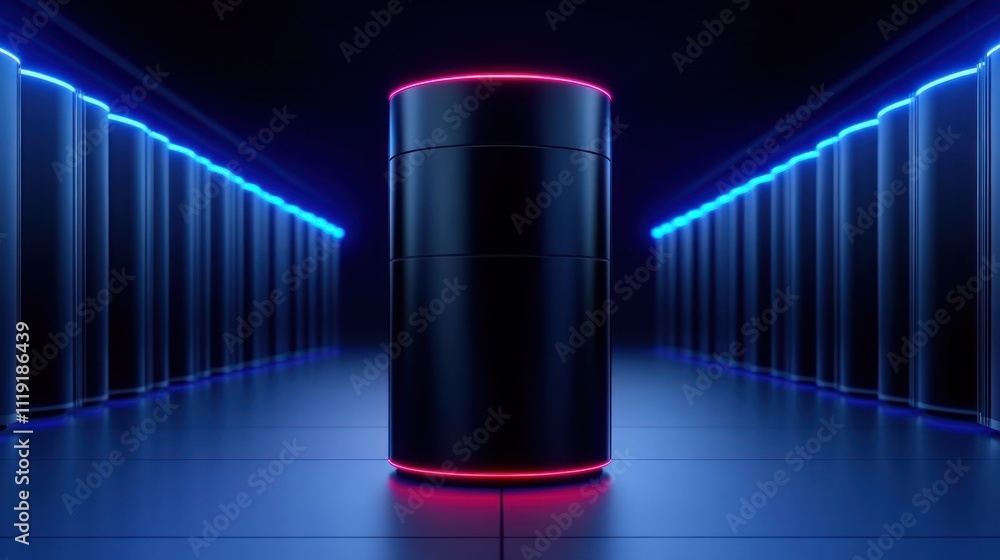 Poster futuristic data center with illuminated storage unit.