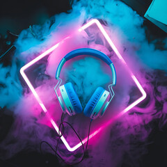 A headphone with neon lighting background foggy smoke.