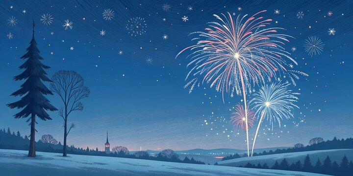 Colorful fireworks light up the night sky over a snowy landscape on New Year\'s Eve