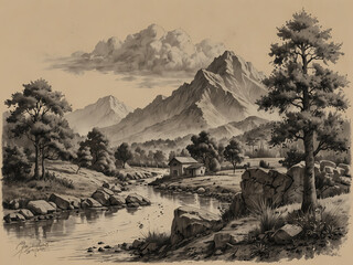 Idyllische Landschaft mit Bergen und einem ruhigen Fluss im Vordergrund