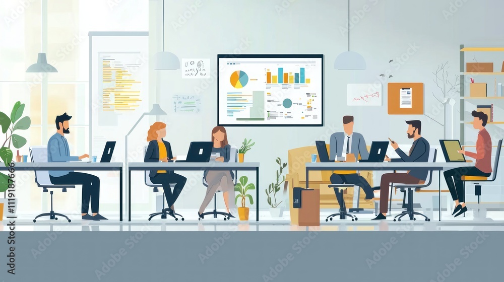 Poster a modern workspace with various teams working in clusters, sharing ideas and presentations.