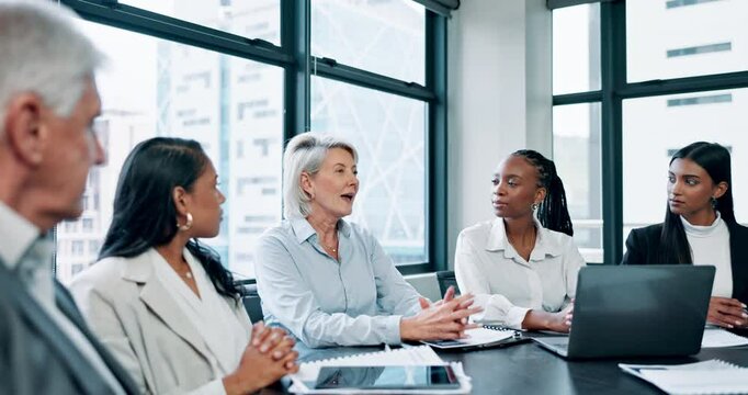 Business people, hand raised and woman in meeting with question, suggestion and answer. professional, corporate and workers in workshop with gesture for volunteering, asking and solution in office
