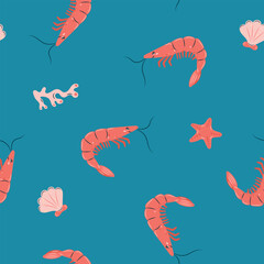 Seamless pattern sea life. Marine animals shrimp and starfish on turquoise background. Vector illustration.
