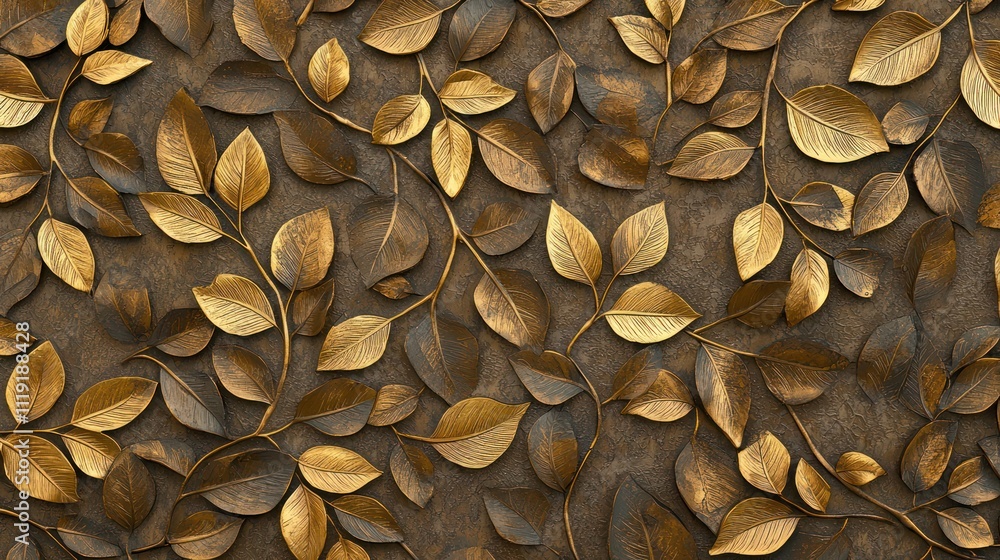 Poster a textured background featuring numerous golden leaves arranged intricately, creating a warm and inv