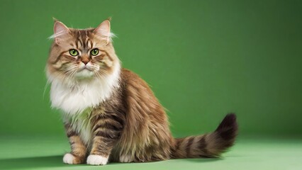 Obraz premium Fluffy Ragamuffin Cat on Vibrant Green Backdrop, Ragamuffin Cat, green backdrop, green background, cat