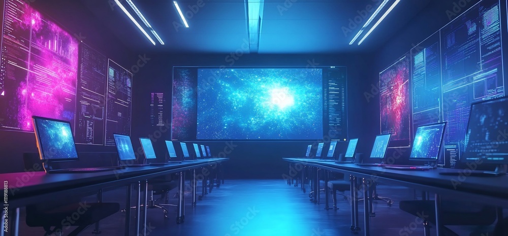 Aufkleber futuristic control room with rows of computers displaying digital data and a large screen showing a 