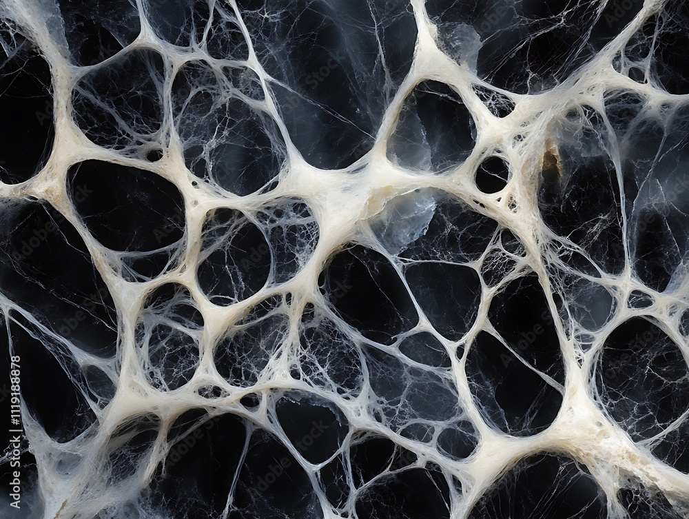 Poster close-up of intricate, off-white web-like structure against a black background.
