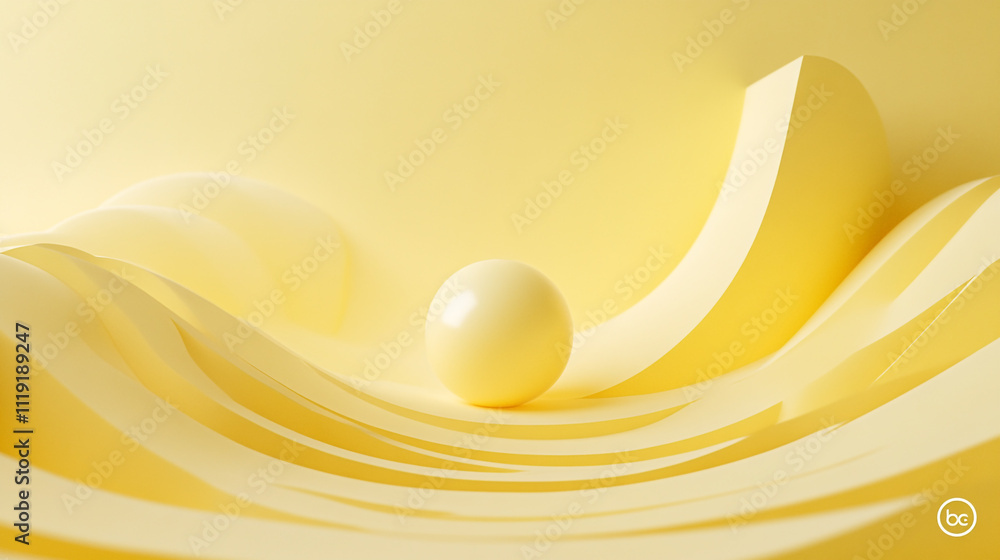Poster bright yellow waves flow over a smooth sphere creating a vibrant minimalist design