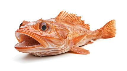 Fototapeta premium Vivid Close-Up of an Orange Rockfish with Detailed Textures, Spiky Fins, Open Mouth, and Glossy Finish in a Realistic Studio Shot Isolated on a White Background