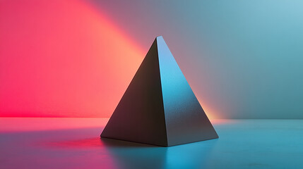 Textured pyramid sculpture illuminated by colored lighting on a minimalist surface