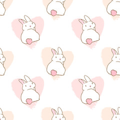 Seamless Pattern with Cartoon Bunny and Heart Design on White Background. Hand Drawn Vector Illustration.