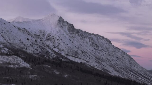 Snow Craggy Mountains Of Carcross Desert In Yukon, Canada. Aerial Drone Shot