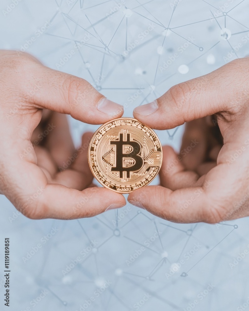 Aufkleber Hands Holding Bitcoin Against Abstract Digital Network Background