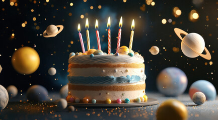 colorful birthday cake with candles surrounded by planets and stars, creating festive atmosphere