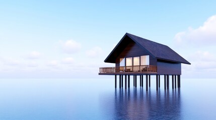 Modern house on stilts over calm water with a serene sky.