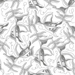 Fototapeta premium Leaves of a fantasy plant and lines of dots.