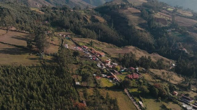 Remote Mountain Villages Over Andean Regions In Peru, South America. Aerial Drone Shot