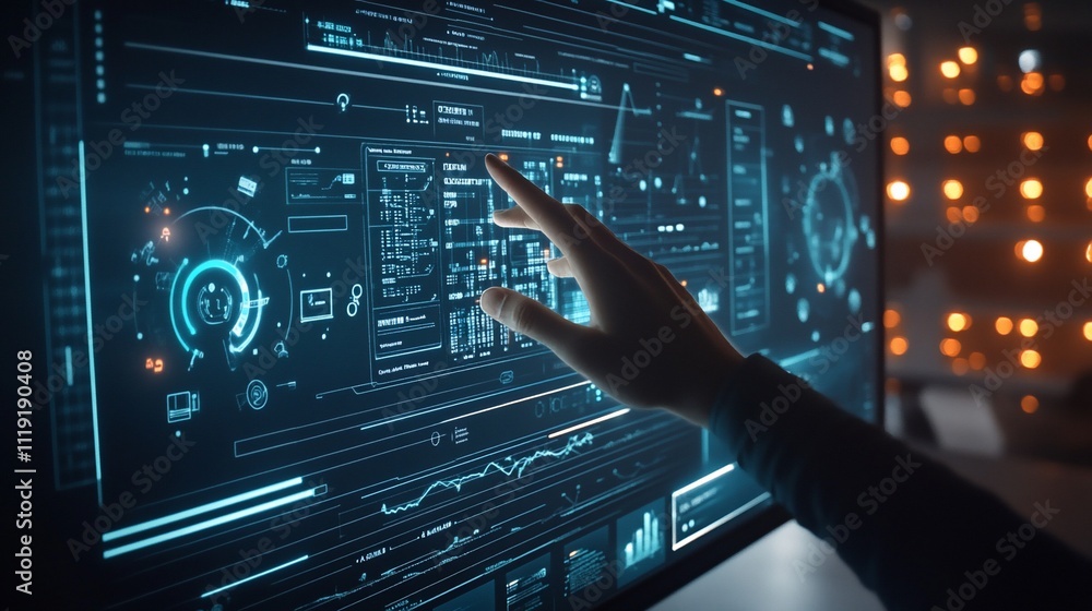 Poster hand interacting with futuristic digital interface on a large monitor.