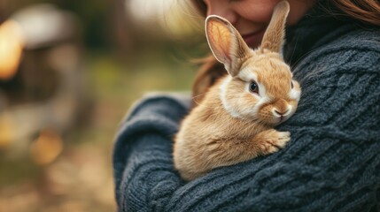 Naklejka premium A person hugging a cute animal, like a rabbit or a kitten, conveying warmth and affection.