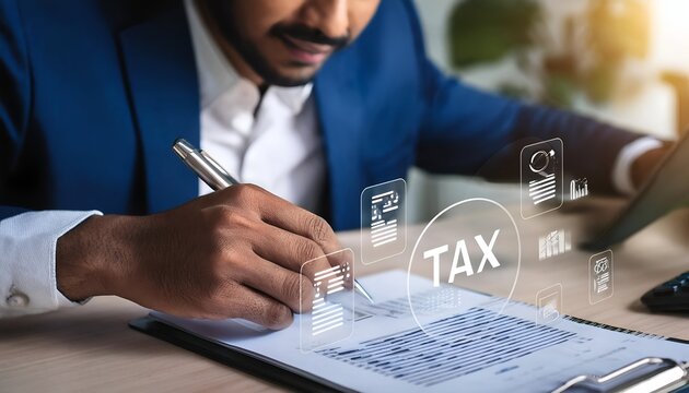 Tax deduction planning concept. Businessman calculating business balance prepare tax reduction. taxes paid by individuals and corporations such as VAT, income and property tax new