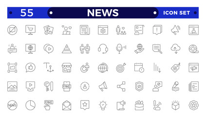 Media and news outline icons collection. Television, blogging, social media, video, promotion icons. UI icon set. Thin outline icons pack.  Containing journalist, press conference, newspaper.