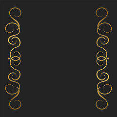 Decorative vintage frame or border with vertical swirls divider and copy space. Template for covers, invitations, menu. Gold vector layout on dark background