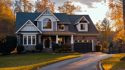 A beautiful estate showcases charming architecture during sunset. The vibrant autumn leaves frame the home, creating a warm and inviting atmosphere along the driveway.