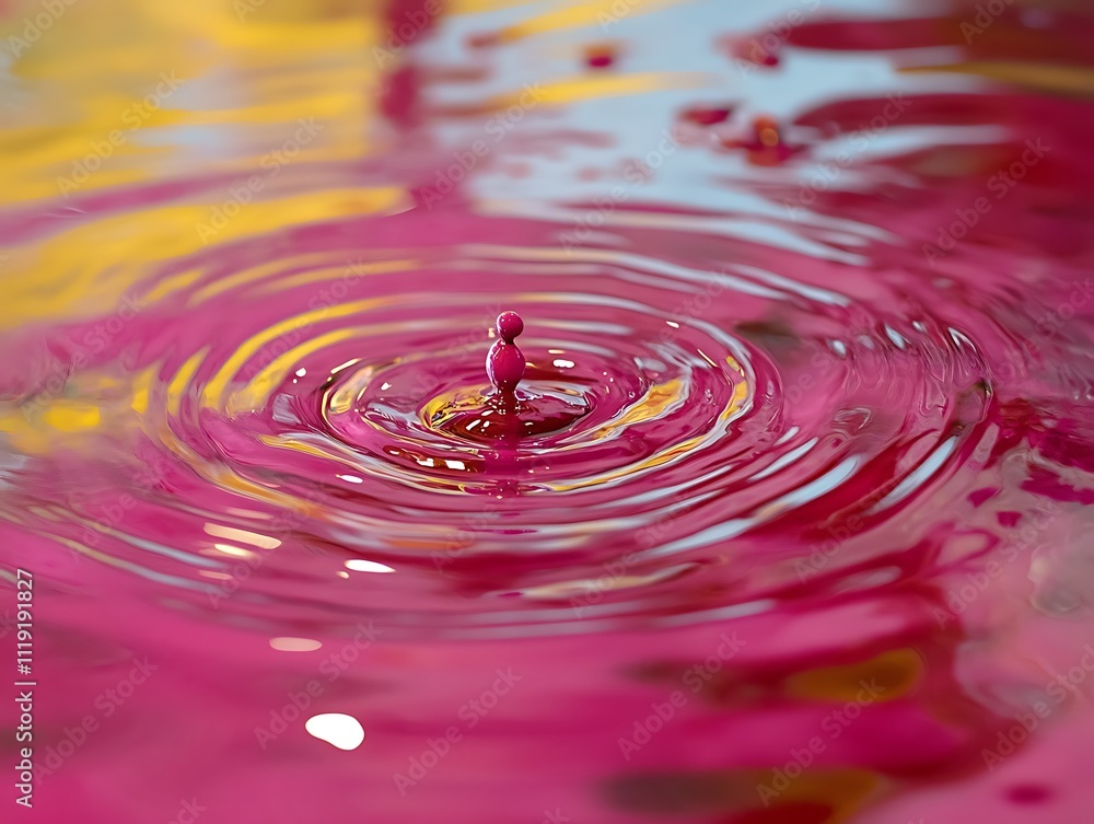 Poster pink liquid drop creating concentric ripples on a surface.