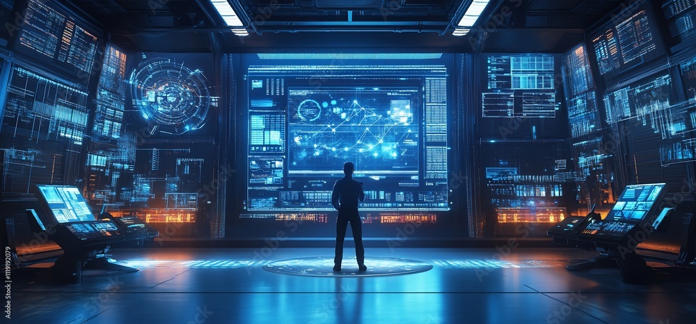 Aufkleber man observing futuristic data visualization on massive screens in a control room.