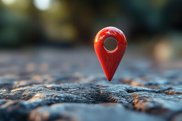 Red location pin marker hovering over dark textured surface.