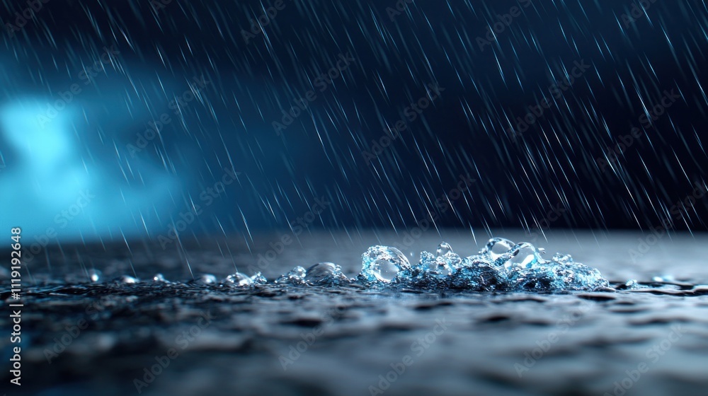 Aufkleber raindrops creating ripples on a wet surface in a dark atmosphere.
