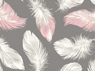 Seamless pattern of pink and white feathers on a gray background.