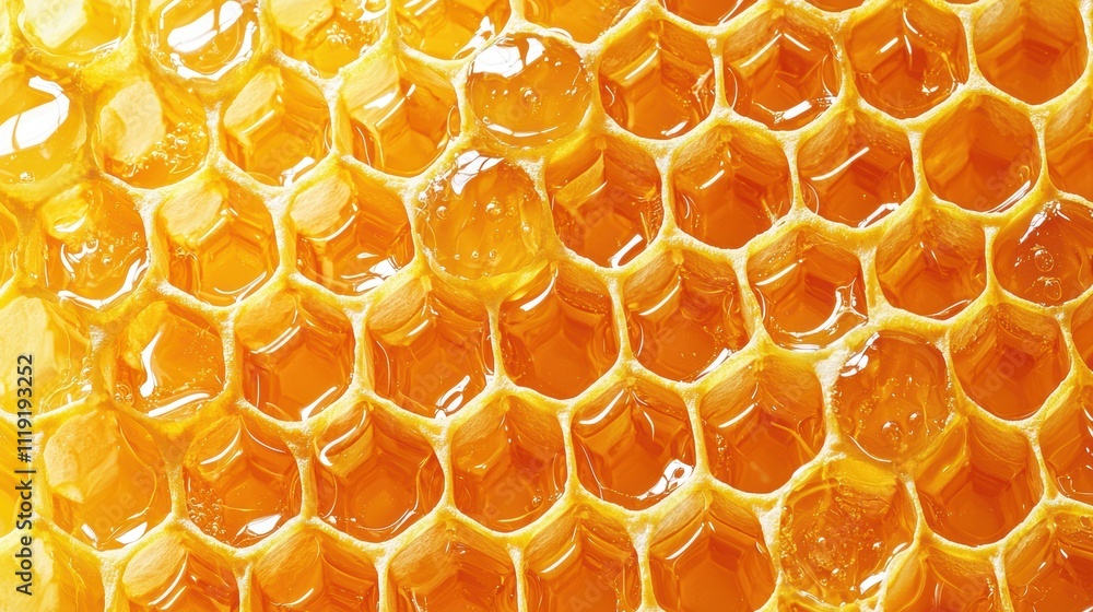 Poster close up of golden honeycomb cells filled with delicious honey and textured patterns in natural comp