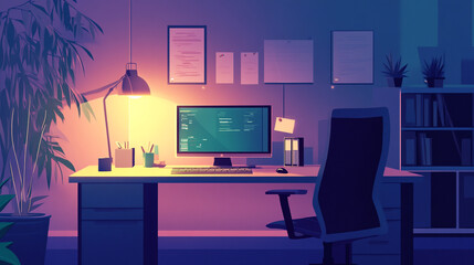 Cozy workspace with warm lighting and modern desk setup during evening hours