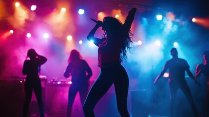 A pop singer performing with a backup dance crew on a brightly lit stage