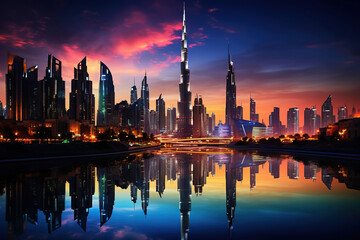 Fototapeta premium Dubai Skyline at Dusk with Reflection