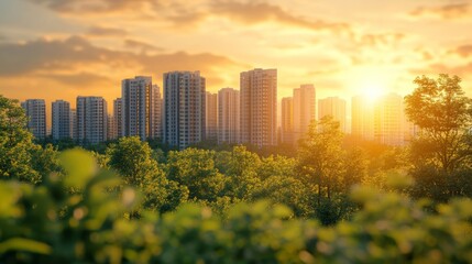 Obraz premium Sunrise Over the City Modern Residential Buildings, Green Trees, and Golden Sunlight