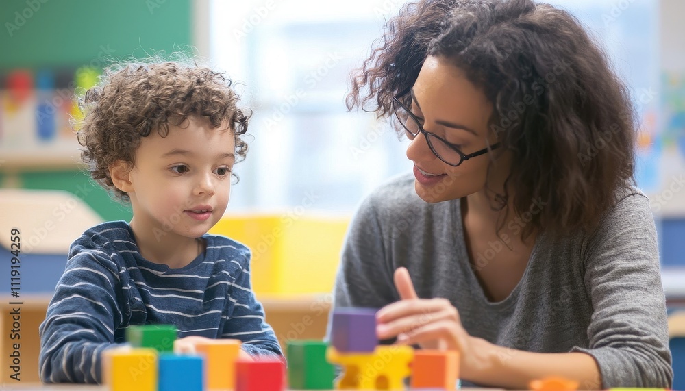 Aufkleber Therapist Engaging with Child in Playful Game Setting to Enhance Development and Learning Skills Through Interactive Play