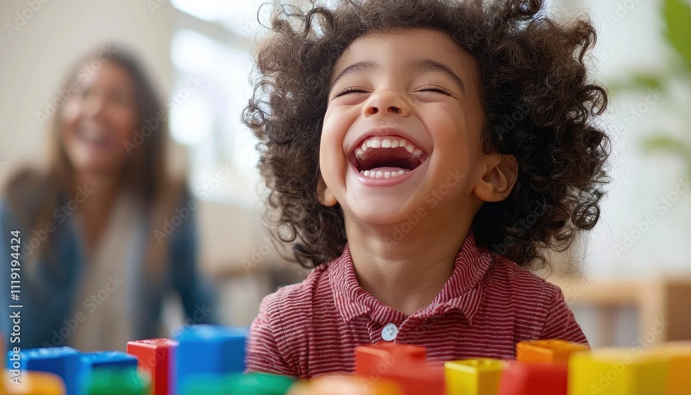 Aufkleber joyful child playing with colorful blocks while therapist observes positive interaction in a bright 