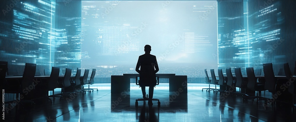 Poster silhouetted figure sits in a modern conference room overlooking a large screen displaying data strea