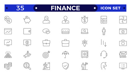 Finance outline icon set with money, bank, check, law, auction, exchange, payment, wallet, deposit, piggy, calculator,Business, Profit, Investment, Bank,  web icon.