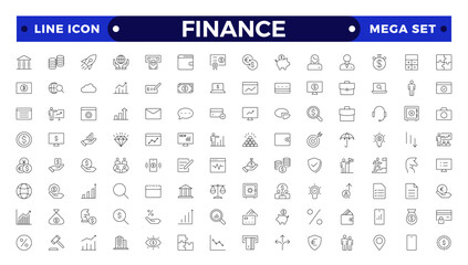 Finance outline icon set with money, bank, check, law, auction, exchange, payment, wallet, deposit, piggy, calculator,Business, Profit, Investment, Bank,  web icon.