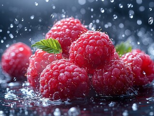 A vivid cluster of fresh raspberries glistening with droplets of water, surrounded by splashes,...