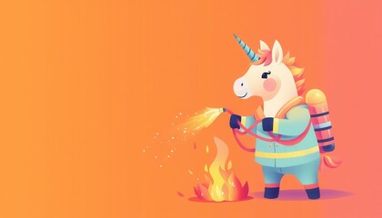 Playful Unicorn Dressed as a Firefighter Using a Hose to Extinguish a Colorful Fire in a Vibrant Background