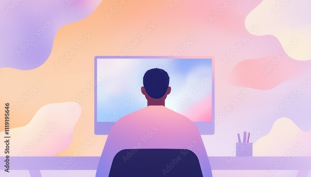 Poster man sitting in front of computer with colorful background displaying creativity and focus in digital