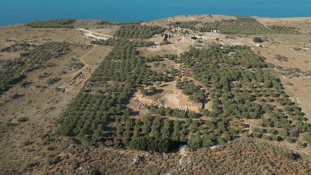 Greek Ruins Amongst Olive Trees At Aptera On Island Of Crete Drone Circling 4K 60FPS