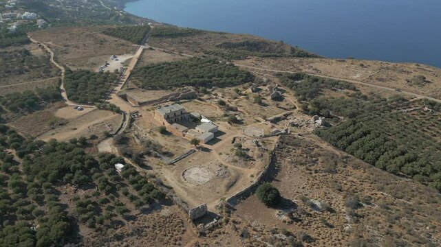 Ancient Greek Ruins Of Aptera On Island Of Crete Drone Birdseye Shot 4K 60FPS