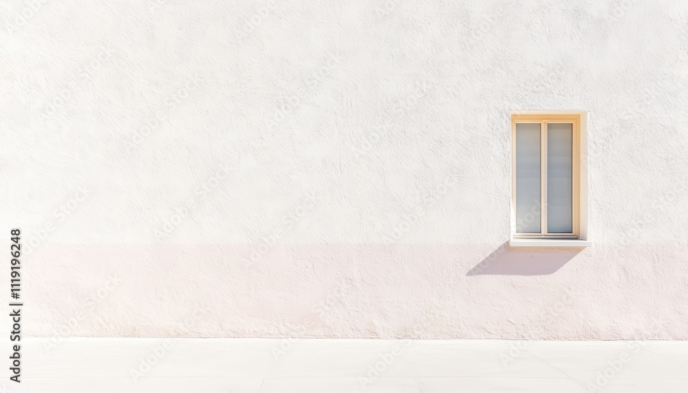 Poster minimalist architectural design featuring single window on plain white wall with subtle color gradie