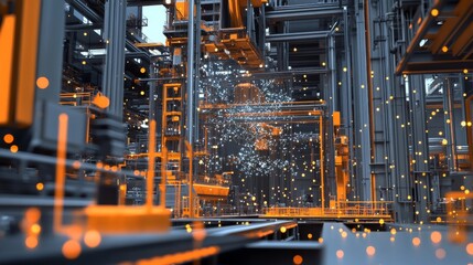 Digital factory in 3D with Industry 4.0 cranes and particles symbolizing modernization.